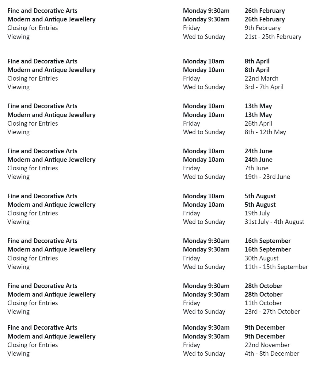 Our Auction Schedule with sale and viewing dates